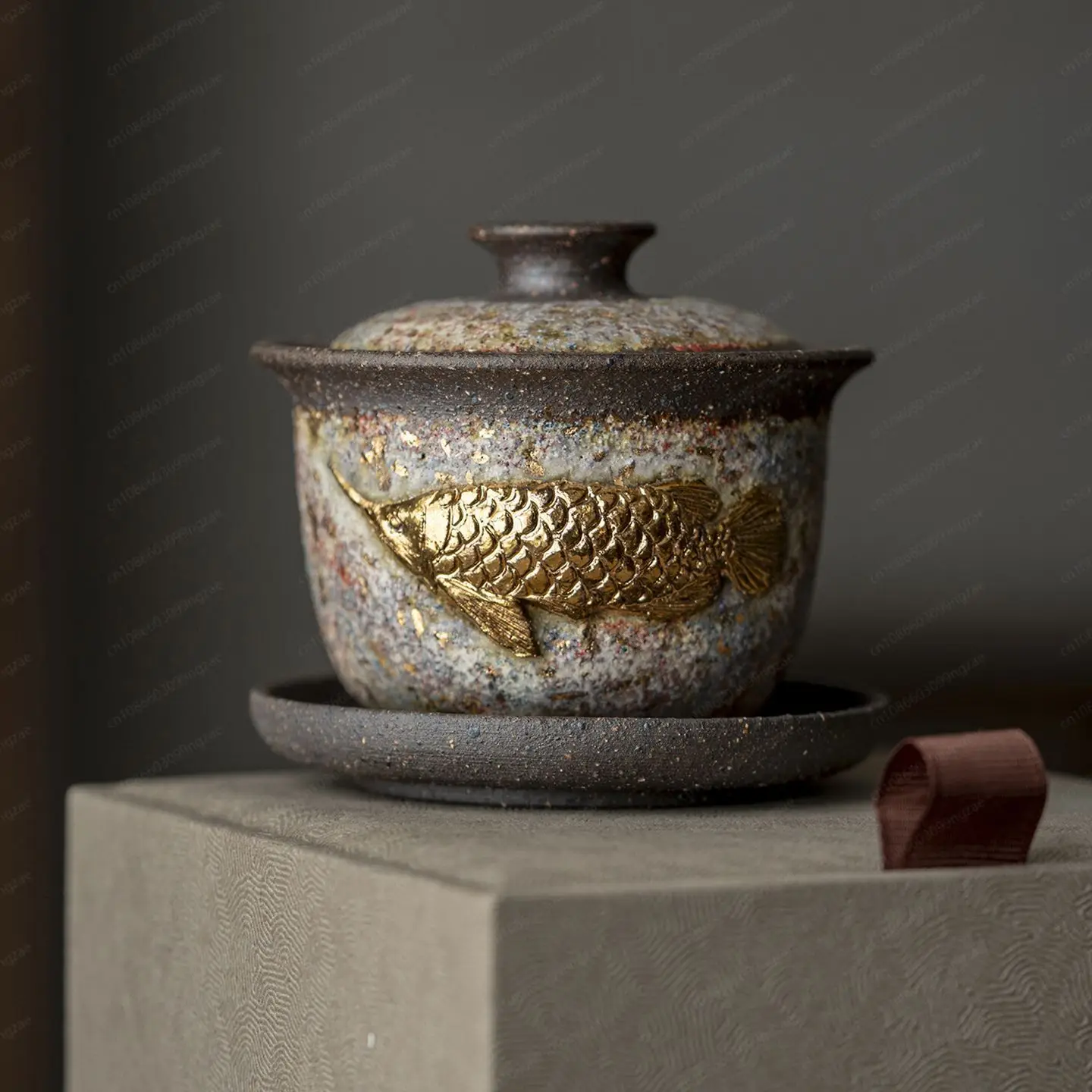 Japanese rock mine golden arowana cover bowl teacup panda firewood sancai bowl single tea bowl retro can be raised
