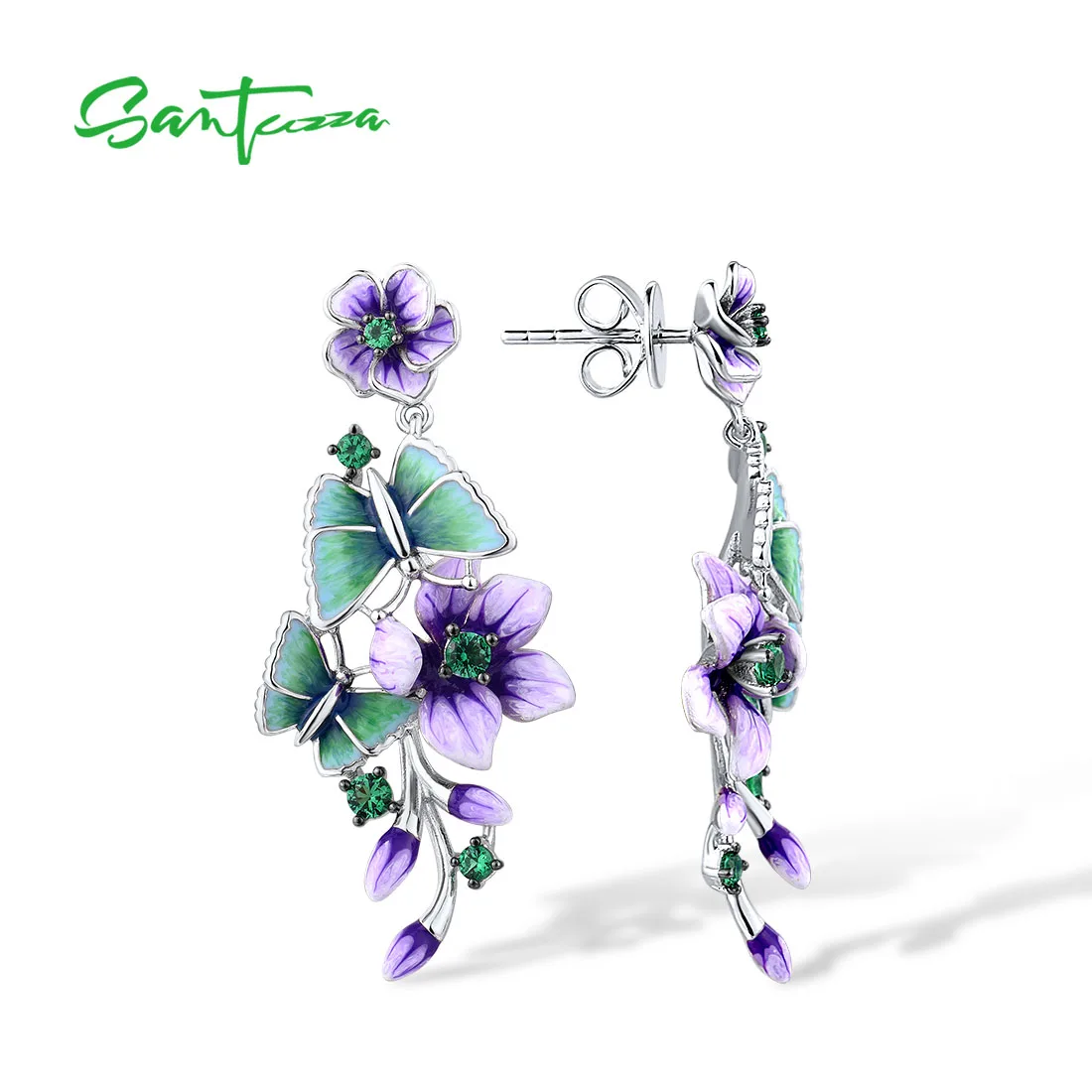 SANTUZZA Pure 925 Sterling Silver Stud Earrings For Women Purple Flower & Butterfly Green Spinel Fine Jewelry Handmade Enamel