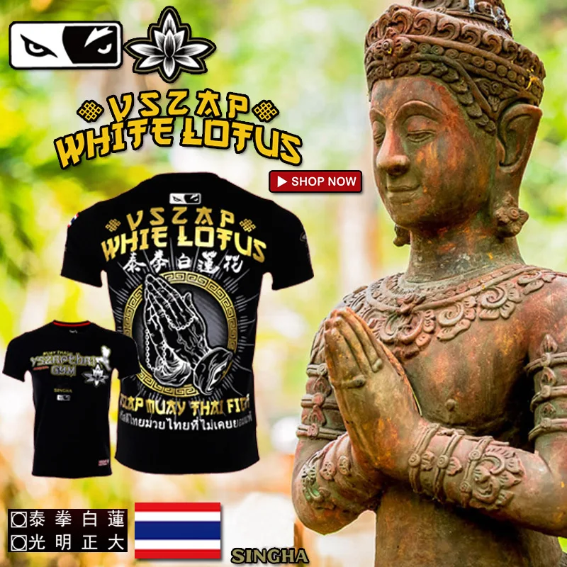 Vszap Gym Cotton Breathable Thai Boxing Style Lotus Short Sleeve Men's T-shirt MMA Combat sport