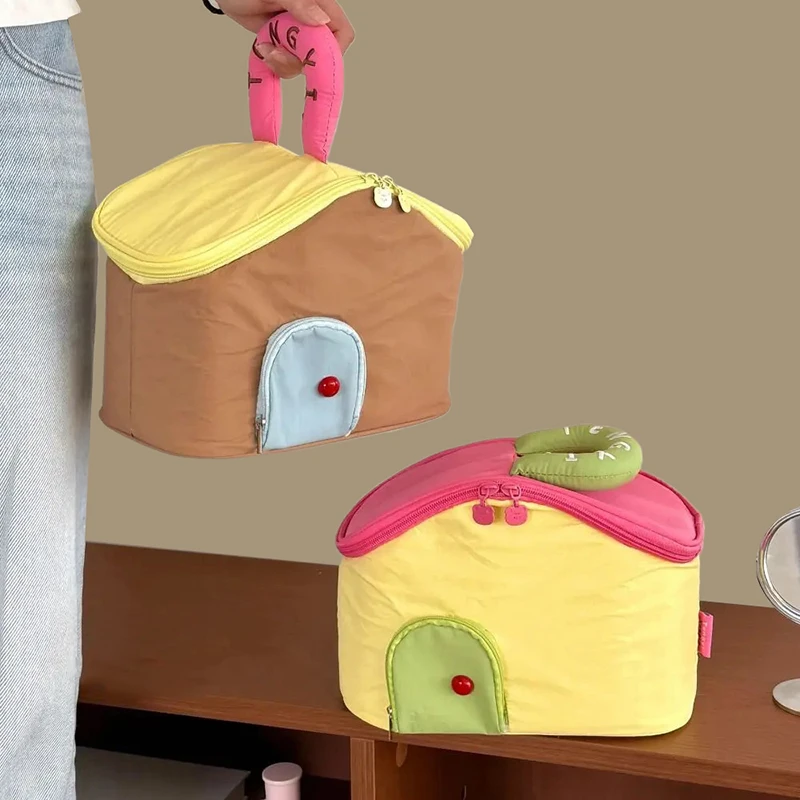 Dopaminfarbblockierende Make-up-Tasche – niedliches Hausdesign, Kulturbeutel-Organizer mit großem Fassungsvermögen, tragbare Reise-Kosmetiktasche