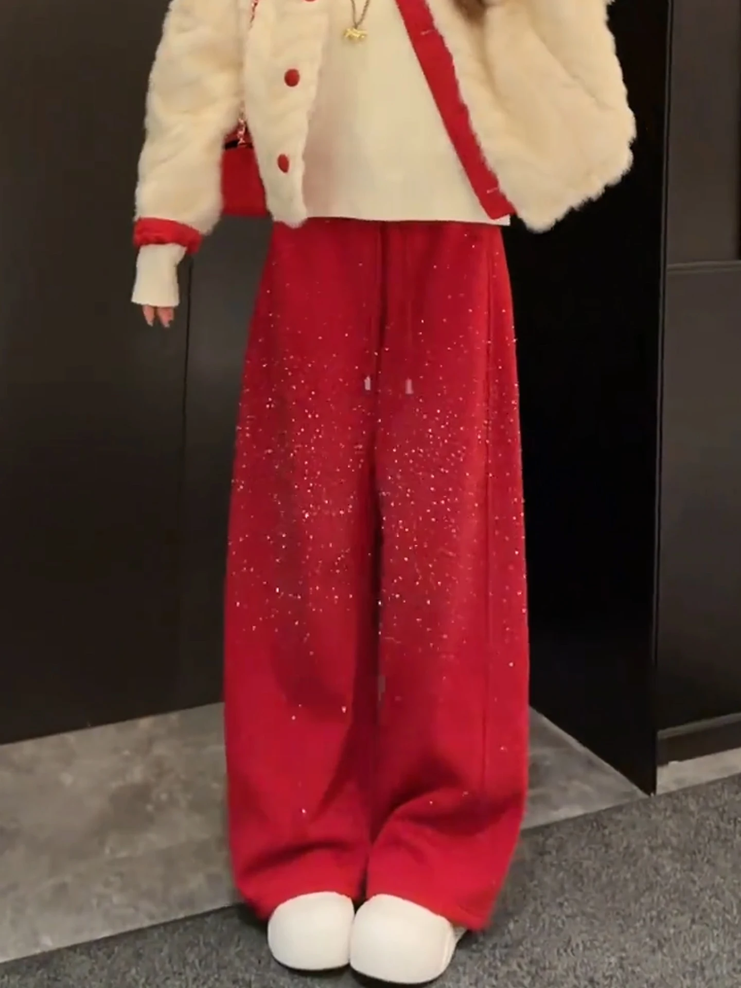

Shiny Sequin Fleece Wide Leg Pants Women's Casual Straight Cut Loose Fit Slimming Spring 2026 High Waist Polyester Fiber