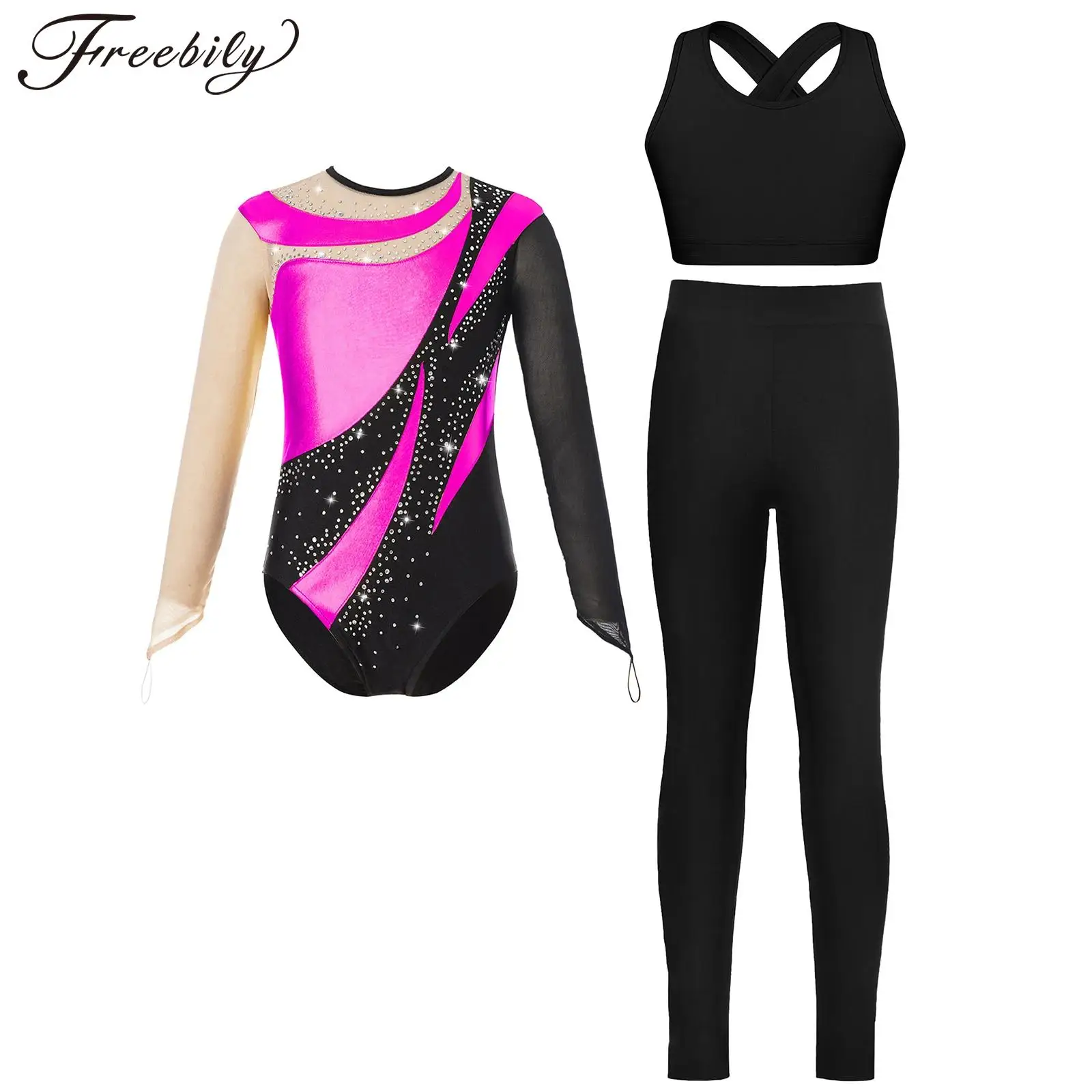 Gymnastics Jumpsuit Kids Girls Ballet Outfits Long Sleeve Yoga Bodysuit Dancewear Sets Figure Skating Leotard Tops with Leggings