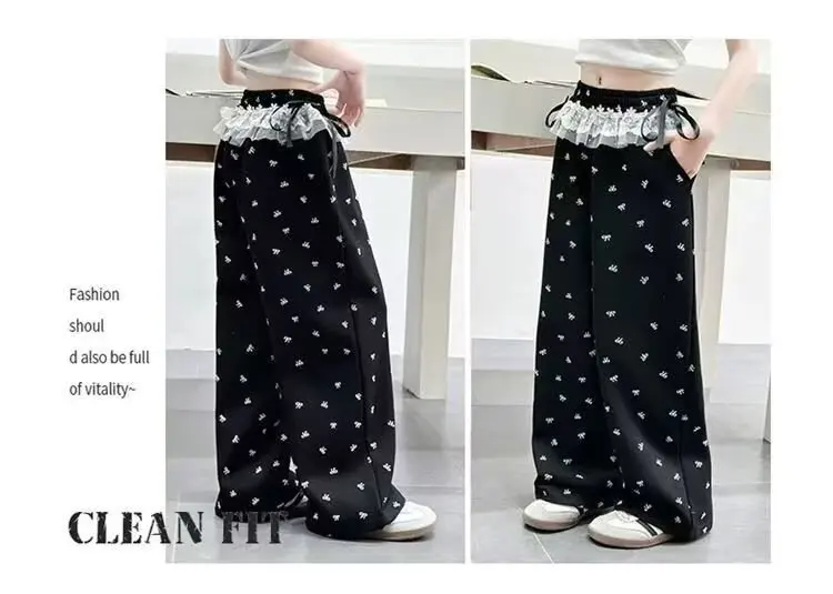 UNITIM Frühlingshosen mit Schleife für Mädchen, bedruckte Wide-Leg-Hosen für Teenager-Mädchen, lockere Kinderhosen, Freizeithosen für Kinder, 5–14 Jahre – Detail 3