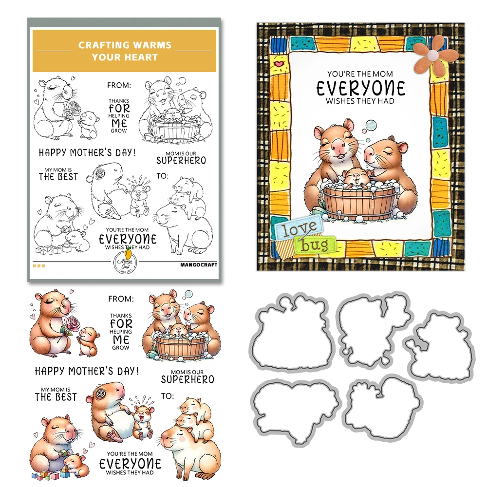 Mangocraft Mom Baby Capybara Cutting Dies Mother's Day Clear Stamp DIY Scrapbooking Metal Dies Silicone Stamp For Card Crafts