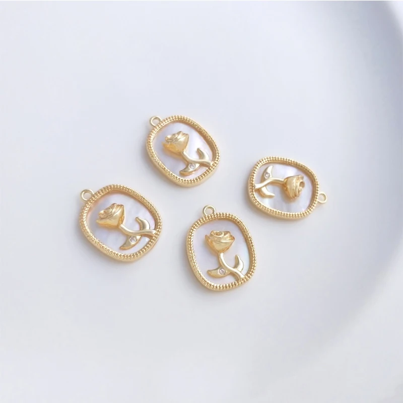 

14K Gold Plated Brass Inlaid With Mop White Shell Rose Flower Necklace Charm Pendants For DIY Jewelry Making Supply