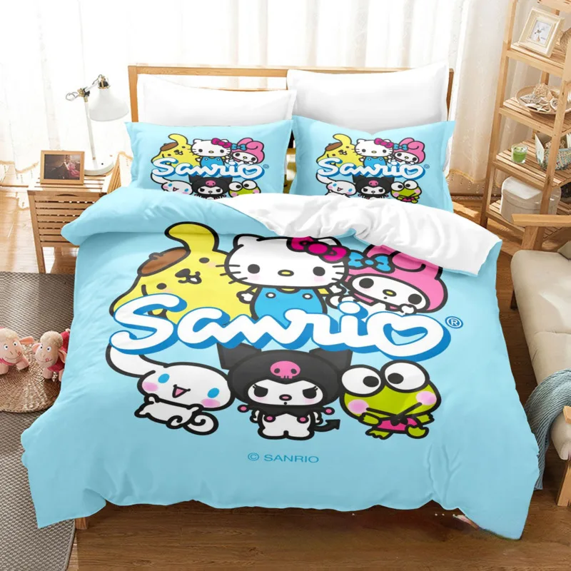 Imagem -03 - Conjunto de Cama Sanrio Cartoon para Meninas Anime Hello Kitty Kuromi Melody Colcha Capa de Edredão Fronha Pompompurin Cinnamoroll Conjunto de Cama