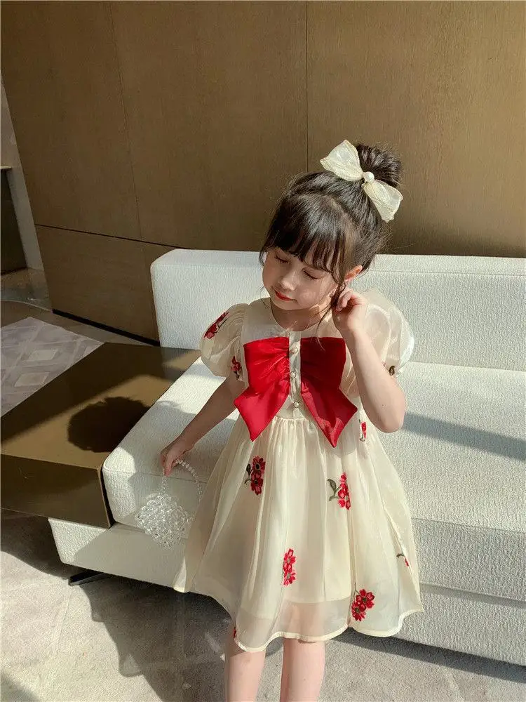 Summer Girls Dresses Puff Sleeves Gauzy Dress Bow Tie Decoration Princess Dress Children\'s Clothes For 2-6Y