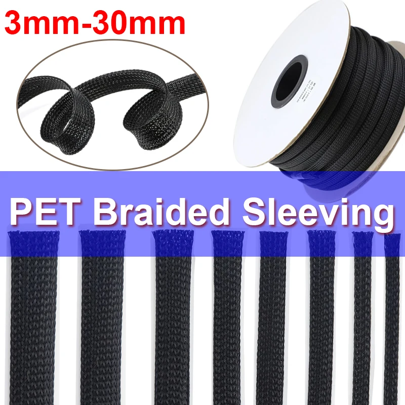 1M Black PET Braided Sleeving Diameter 1~40mm Insulated Wire Cable Protection Sleeve Flame Retardant Nylon Tube