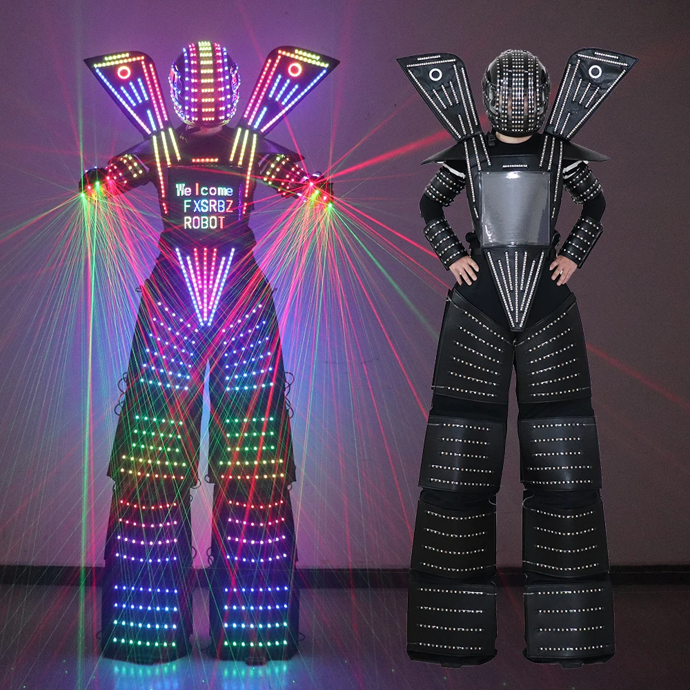 Full Color LED Robot Suit Costume Light Up Stilts Clothing Luminous Jacket Chest Display Editable Screen Helmet Laser Gloves ﻿