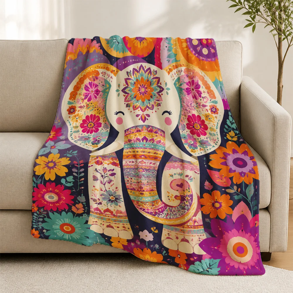 Large Bohemian Floral Elephant Throw Blanket for Couch Sofa Decor Tropical Mandalas Tapestry Cozy Knit Throw for Living Room Hom