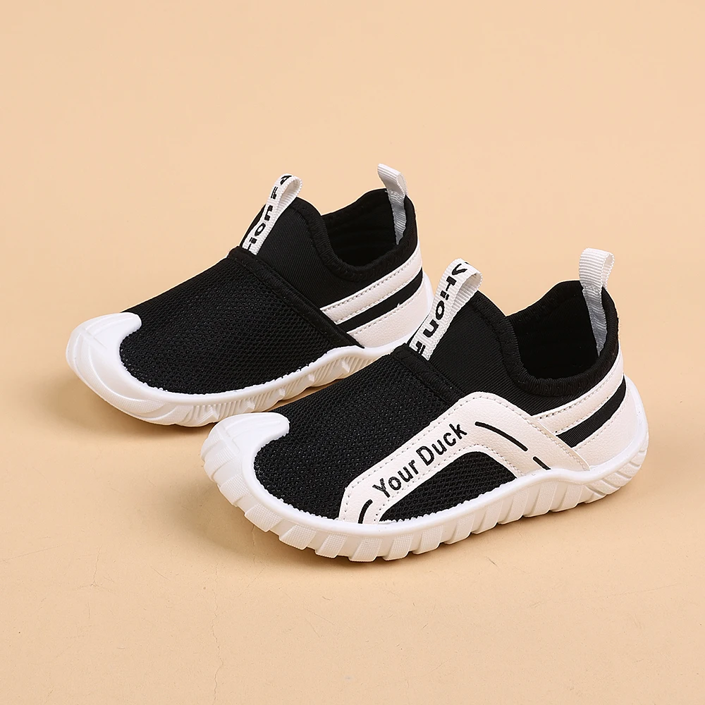 COMFY KIDS Toddler Black White Slip-On Mesh Sneakers, Soft Elastic Non-Slip Breathable Baby Walker Shoes, Spring Summer Boys Gir