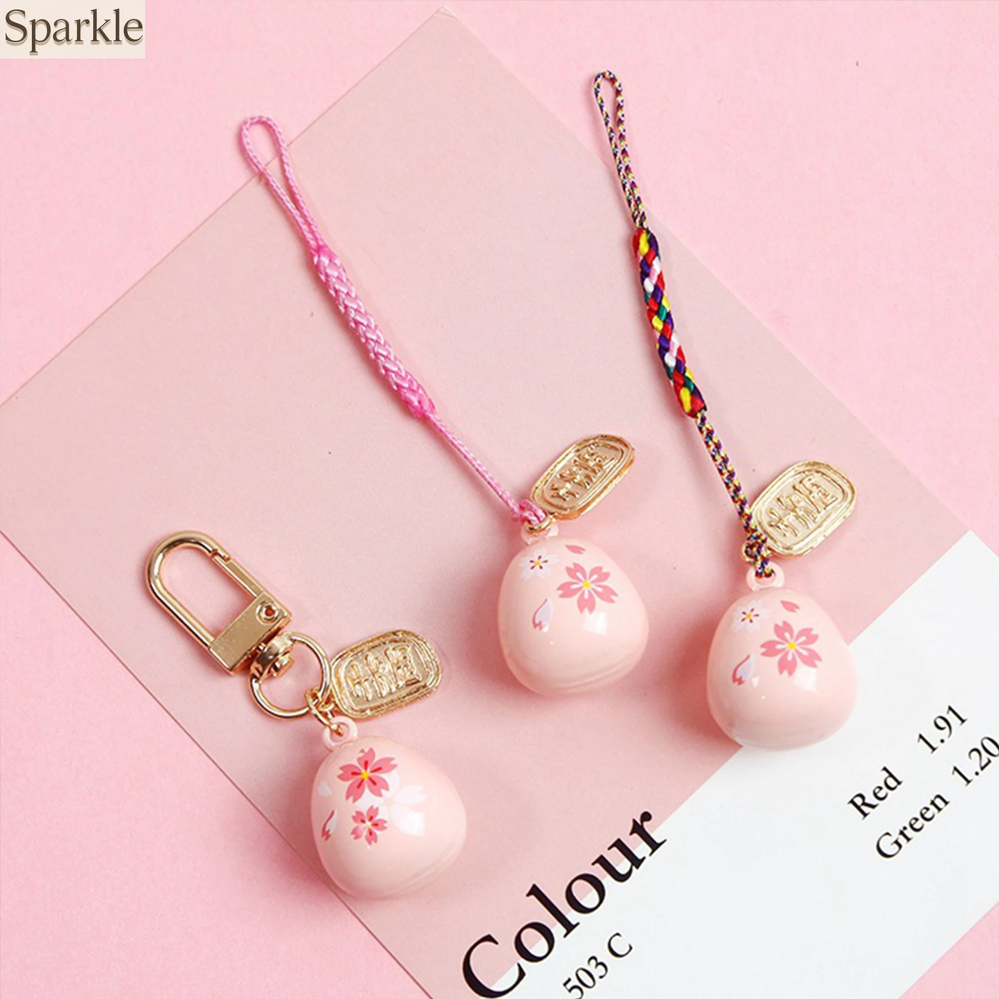 Cute Japanese Sakura Phone Strap Lanyard Pink Water Cherry Sound Bell Mobile Rope Charm Keyfob for Couple Gift
