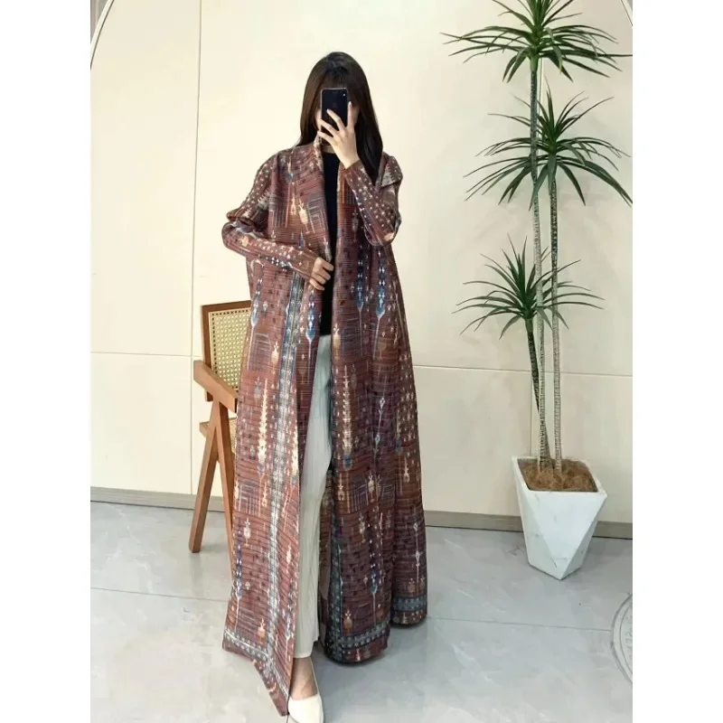 Miyake Pleated High Quality Women's Extended Folded Collar Windbreaker Coat Fashio Long Sleeved Belt Dress Robe New Summer 2024