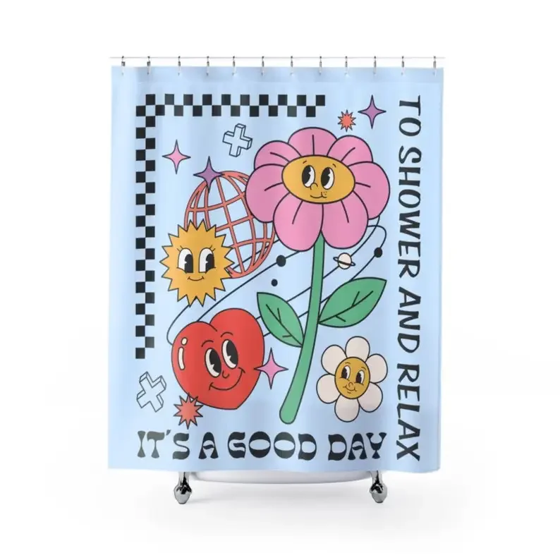 Retro 70s Floral Shower Curtain - Blue Heart Flower, Disco Checkerboard, Unique Bathroom Decor, Cute Bath Gift