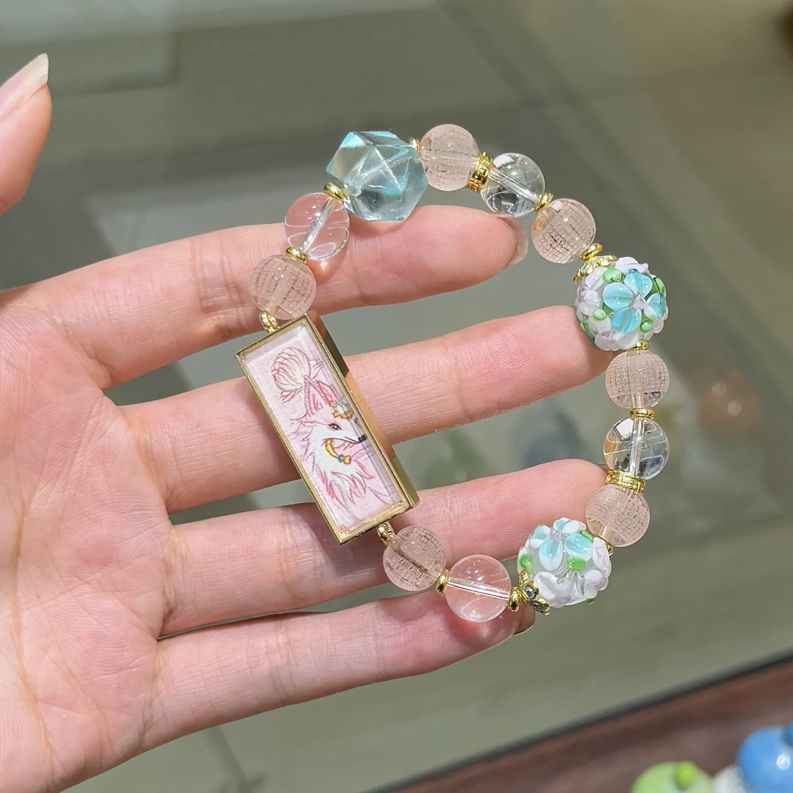 Lucky Chinese Nine Tailed Fox Thangka Bracelet Glazed Crystal Beads Blessing Attract Peach Blossom Love Sweet Jewelry For Women