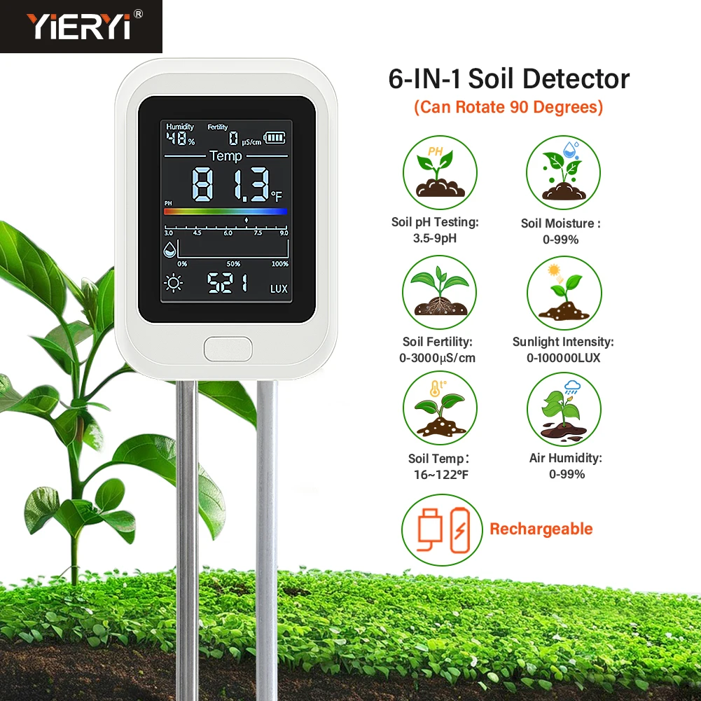 

Yieryi Rechargeable 6-in-1 Soil PH Tester Moisture/Fertility/Sunlight/Temp/pH Meter Earth Nutrient Analyzer for Gardening Farm