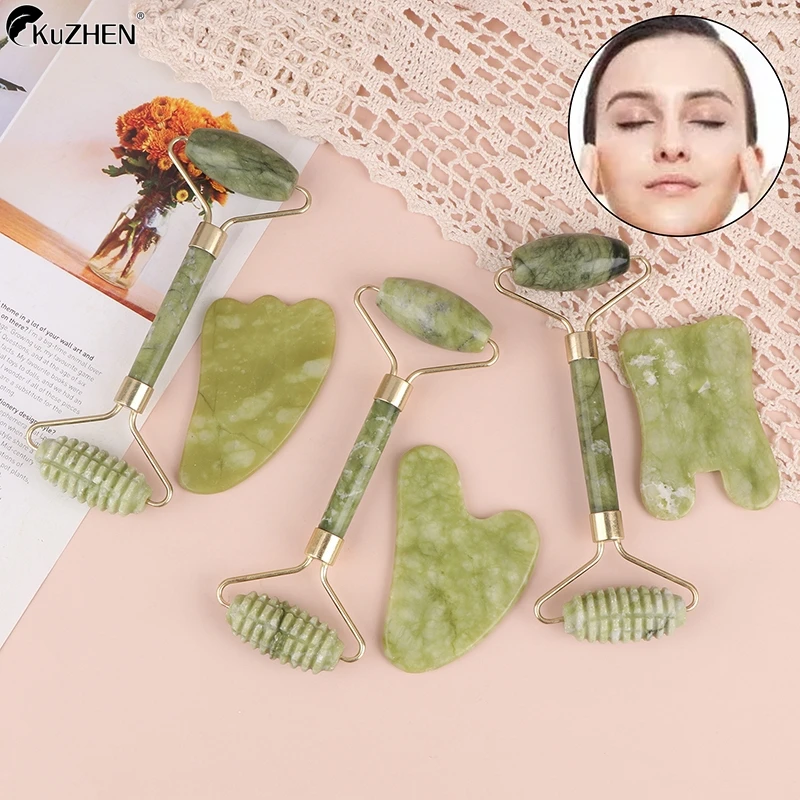 2Pcs Guasha Natural Stone Massage Face Jade Roller GuaSha Massage Tool Set for SPA Body visage rouleau de massage rouleau visage