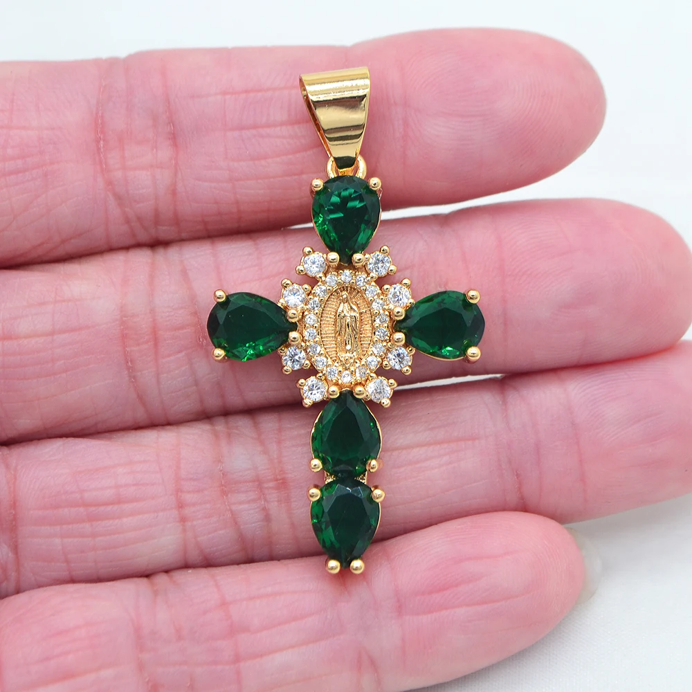 High Quality Green Cubic Zirconia Women Catholic Saint Virgin Mary Gold Color Cross Pendant Jewelry