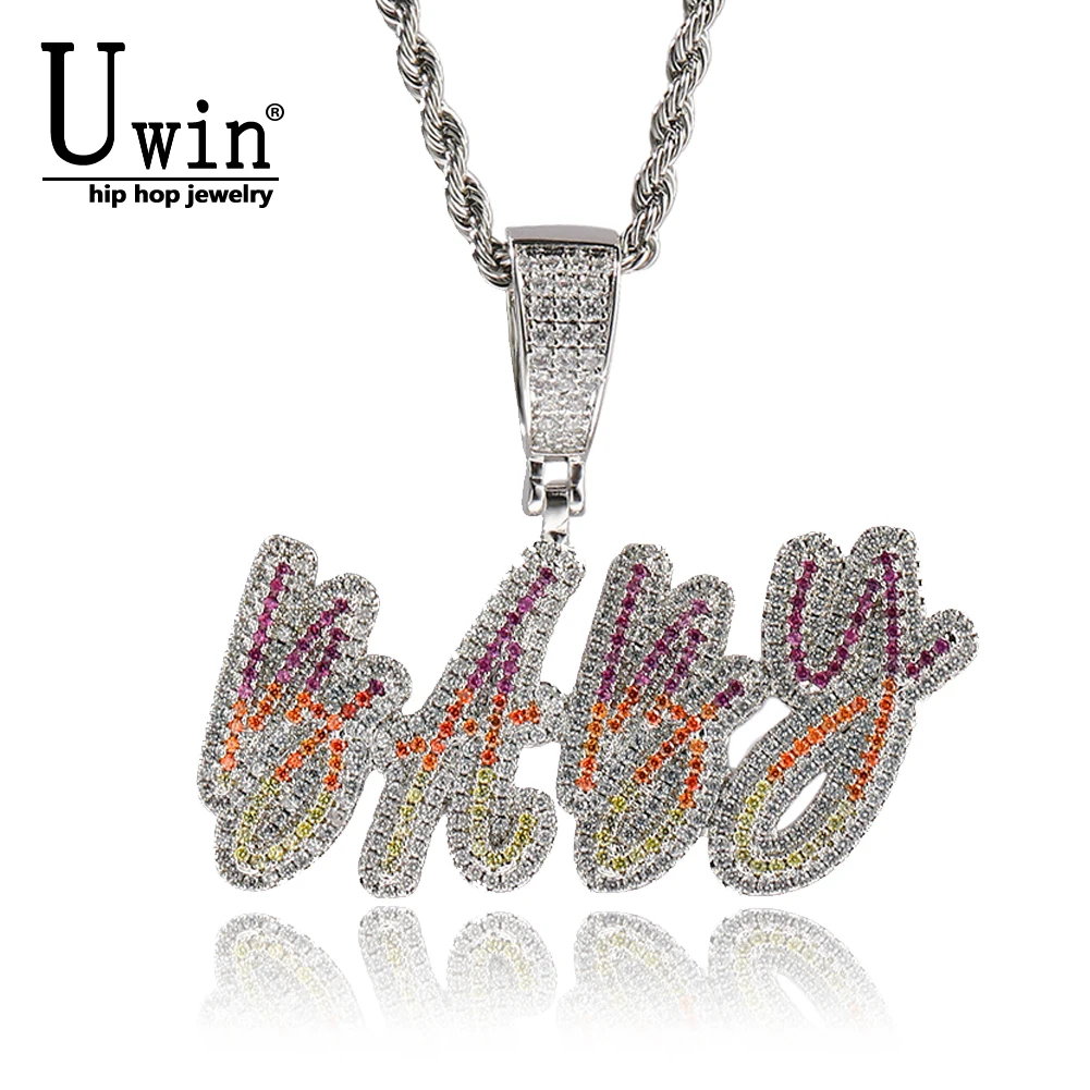 

Uwin Custom Color Gradient Name Pendant DIY Brush Cursive Letters Necklace Iced Out CZ Tennis Chain Gift For Women Drop Shipping