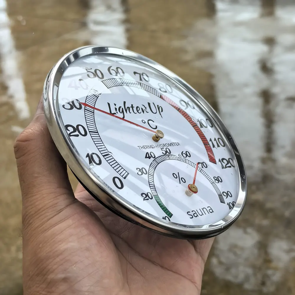 Mechanisches Thermometer-Hygrometer mit Metallgehäuse, keine Batterie erforderlich, Temperatur- und Feuchtigkeitsmesser für Innenräume, Badezimmer, Sauna & Dampfbad – Detail 3