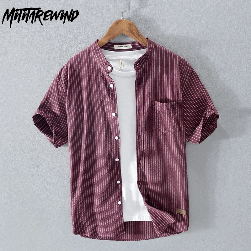 

Летняя полосатая рубашка с коротким рукавом, мужские повседневные рубашки с карманами, рубашка из чистого хлопка с воротником-стойкой, простой топ, мужская одежда в стиле Харадзюку