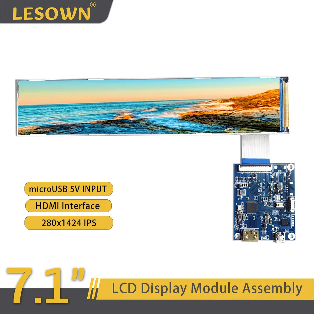 LESOWN 400Nits MIPI Interface LCD Display 7.1 inch Long 280x1424 IPS Module Secondary Screen for Windows PC Printer Display