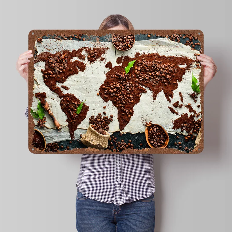 Coffee World Map Printed Poster Customized Wall Art Retro Vintage Metal Tin Signs for Home Bar Accessories Gamer Room Decoration