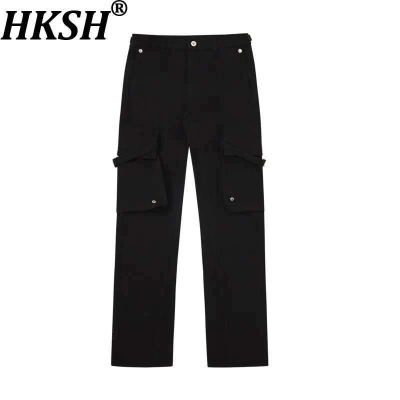 

HKSH Spring Autumn New Man Niche Safari Style High Street Casual Bandage Trend Solid Color Multi-pocket Dark Cargo Pants HK14123