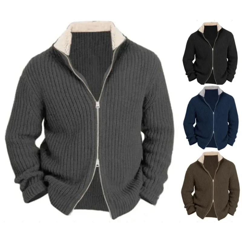 New Men's Coat Sweater Thick Double Pull Head Warm Knit Lapel Warm Woolen Knit Hoodie Coat