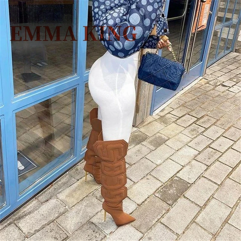 الخريف النساء الفخذ أحذية عالية تمتد ليكرا السيدات بوتاس موهير فريد مكعب إلكتروني المدرج الأحذية 10 سنتيمتر الكعوب الحديد فستان الحفلات الأحذية