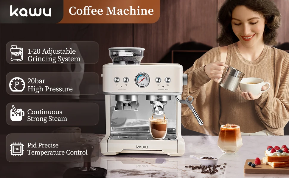 All-in-One Automatic Coffee Machine, 20Bar Pressure with Built-in Conical Burr Grinder and Milk Frothing Wand
