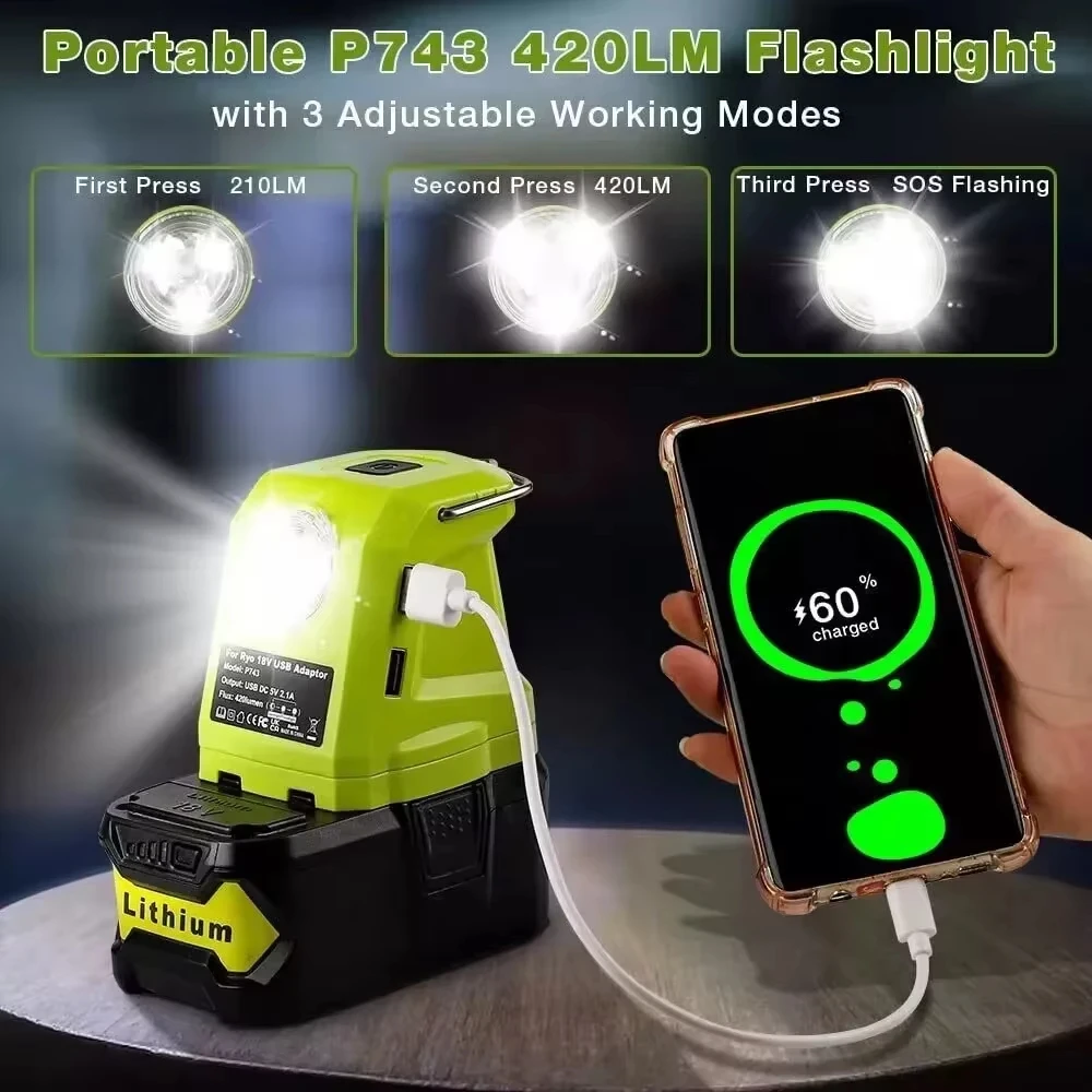 Battery DIY Adapter For Craftsman C3 Ryobi 18V Li-ion Battery P743 With Dual USB 3W 200LM LED Working Light Switch Control