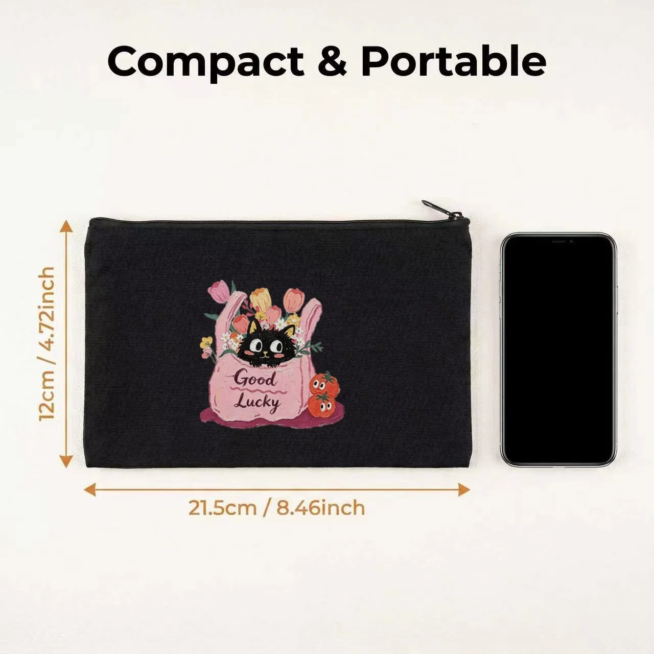 1PC Floral Cute Kitten Vegetable Good Lucky Text Print Makeup Bag Double Sided Canvas Daily Storage Organizer