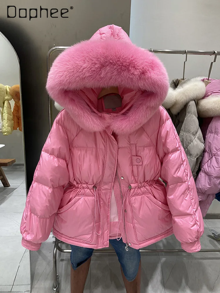 Candy Color Real Fur Collar Down Jacket Hooded Women 2024 Winter New Drawstring Waist Thick Warm Loose Down Coat Outerwear