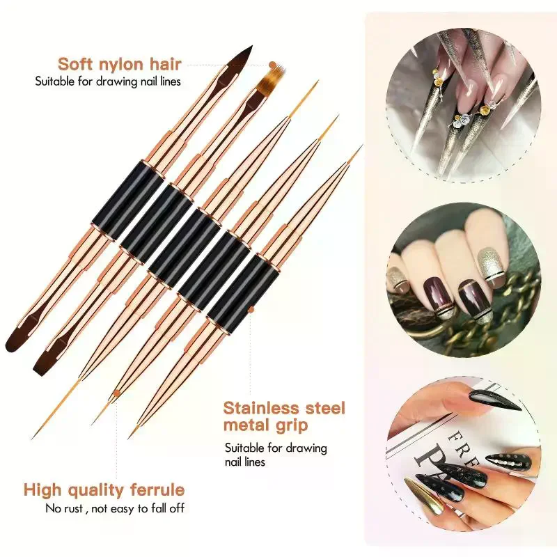 5 Pcs Double-Ended Nail Art Brushes Liner Detail Thin Brushes Nail Drawing Pen 3D Nail Art Decorations At Home DIY Manic