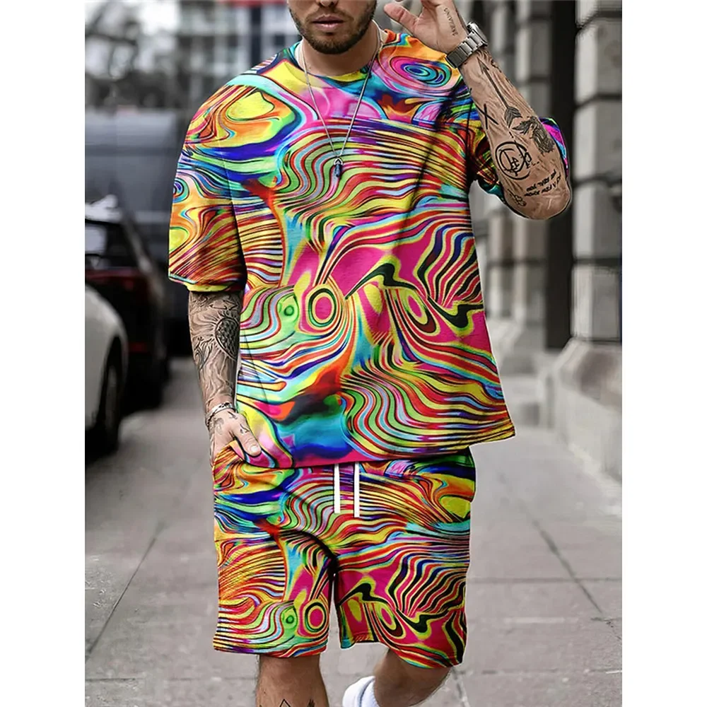 New Abstract Designer Mens Short Sleeve Casual Shorts Set Casual Shirt Colorful Optical Illusion Graphic Printed T-Shirt Set