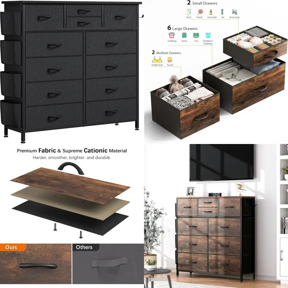 

12-Drawer Bedroom Dresser, Fabric Storage Tower with Side Pockets, Tall Chest for Nursery, Hallway and Closet Organizers