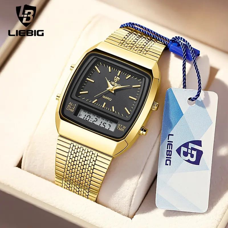 LIEBIG New Golden Steel Strap Quartz Sport Watch Mens Dual Time Week Display Digital Wristwatches Waterproof Clock Reloj Hombre