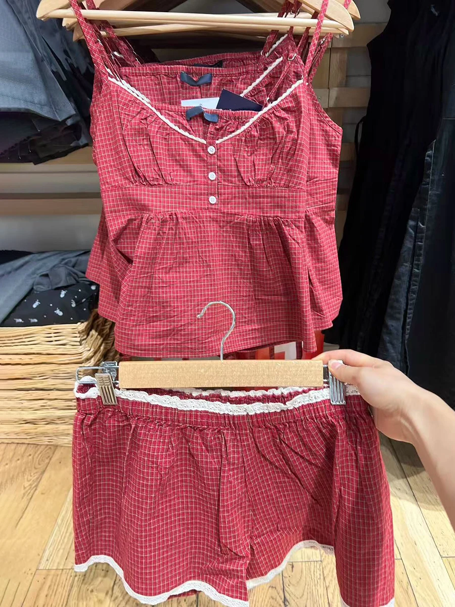 

Lace Trim Plaid Tank Shorts Set Women Summer Back Lace-up Slim Camisole+Loose Sweatshorts Casual Sweet Cotton Home 2 Piece Sets