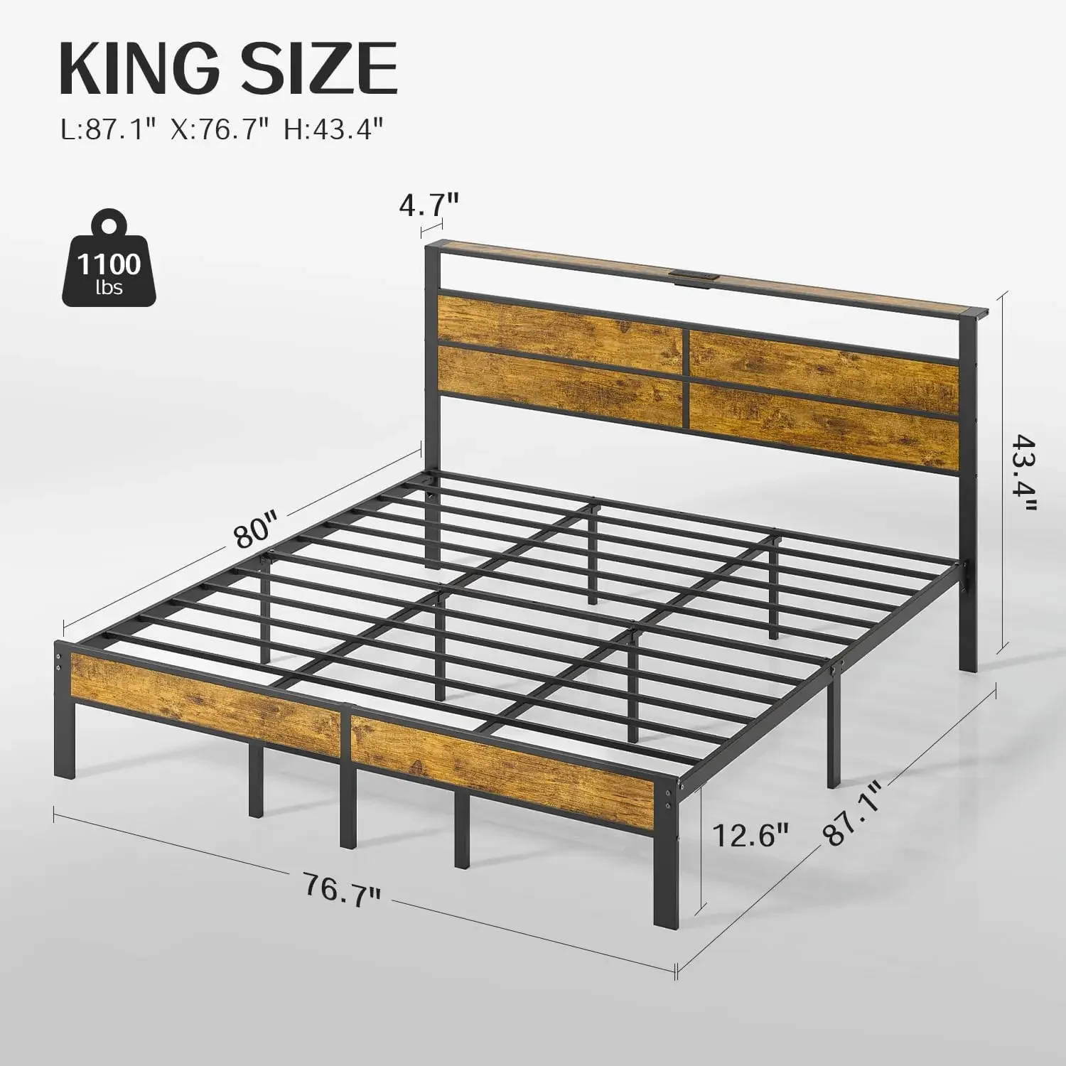 King Size Bed Frame with Storage Headboard, LED Lights USB C Charging Station, Heavy Duty Metal Platform, No Box Spring