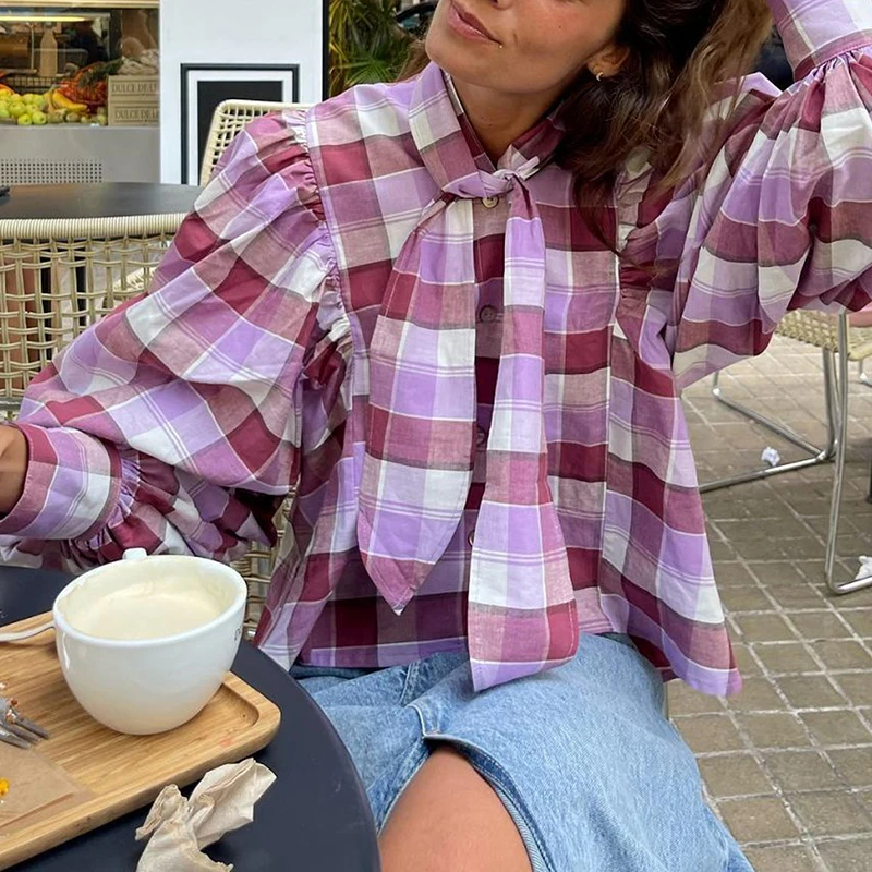 Long Sleeve Plaid Lace Up Blouses For Women 2024 Dressy Casual Loose Lantern Sleeve T-Shirts 2024 Elegant Ladies Commute Top