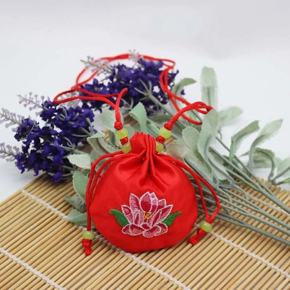 Lotus Embroidery Embroidered Sachet Drawstring Closure Beads Lotus Drawstring Bag Neck Strap Silk Satin Vintage Chinese Pouch