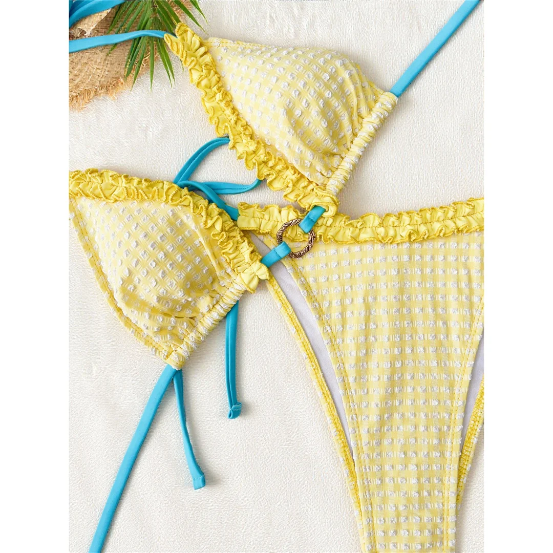 S - XL, kariertes, gerüschtes, zweiteiliges Bikini-Set mit Rüschen und Neckholder, Damen-Badebekleidung, zweiteiliger Bikini, Badeanzug, Badebekleidung, Modell V8528. – Detail 7