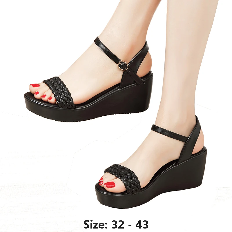 

High quality summer wedge sandals for women 6cm high heel new 2025 size 32 33 42 43 platform open toe elegant shoe black white