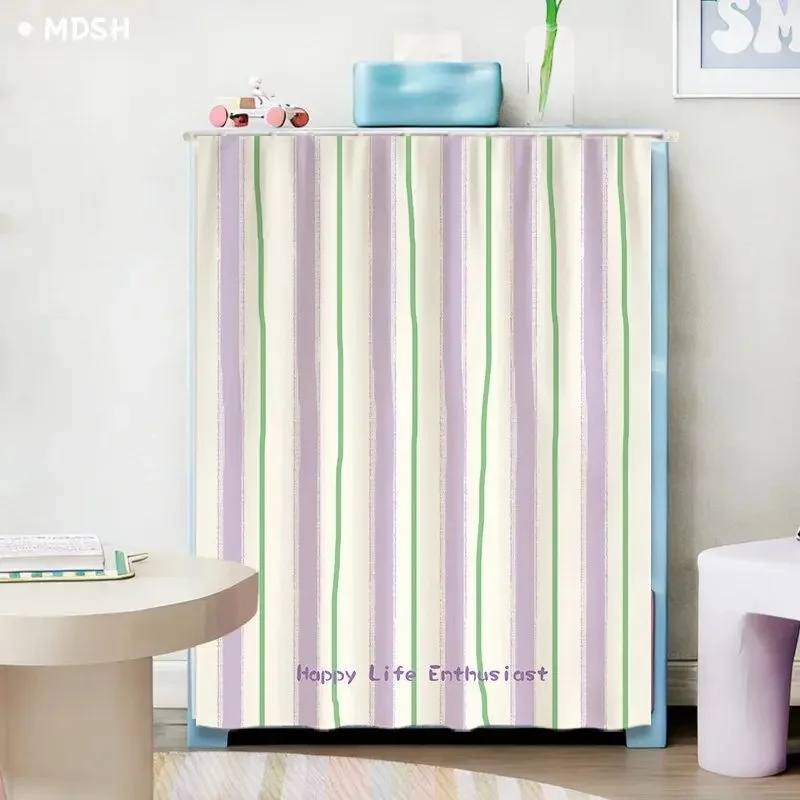 VIKAMA Boho Vertical Stripe Cabinet Curtain Fresh Color Text Print Dust-proof Fabric Cover for Home Cabinet Decor