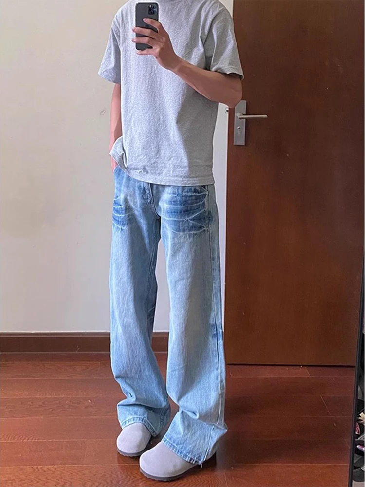 

Ice Blue Lightning Pattern Men's Slim Straight Jeans mid Waist Water Washed American Style High Street Fashion Jeans