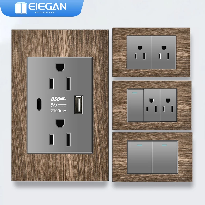 ELEGAN Grey Retro Wood grain Wall Light Switch 20W Fast Type-C Wall Power Outlet plug America Mexican Electrical socket with USB