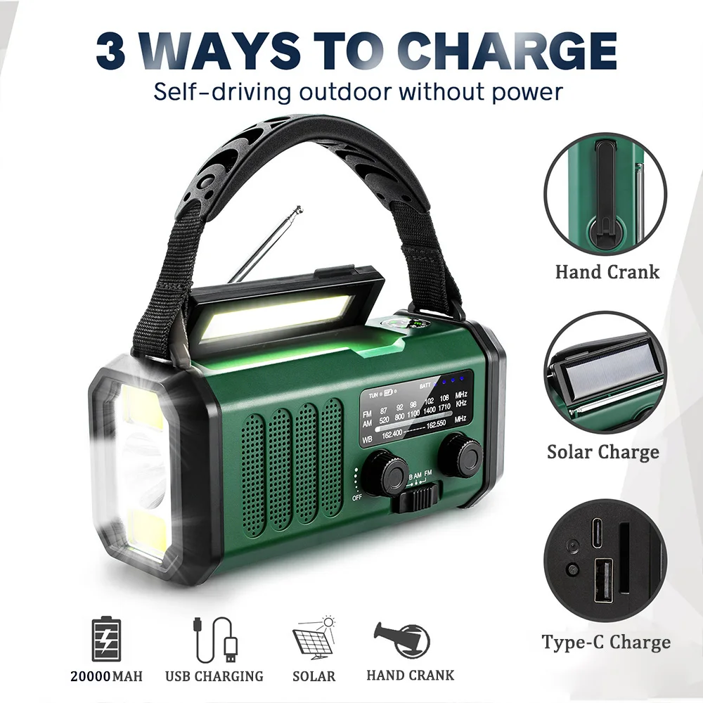 20000mAh AM/FM/WB/NOAA Radio  Emergency Radio Solar Hand Crank Generator Radio LED Flashlight SOS Alarm Power Bank Dropshipping