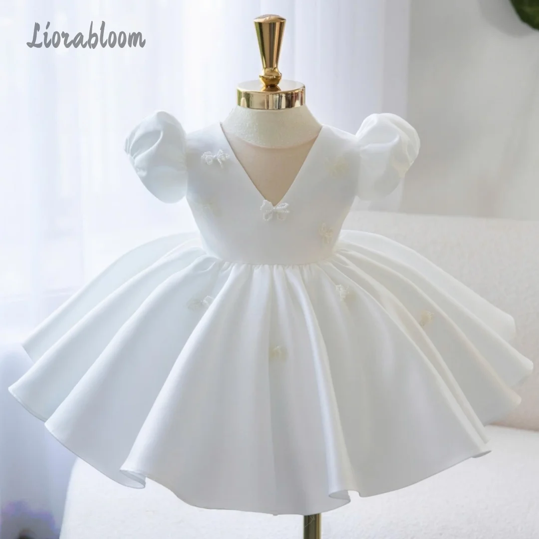 

Customized Flower Girl DressV-Neck Princess Gown Puff-Sleeve Gown Tie Details Wedding Party Attire свадебное платье