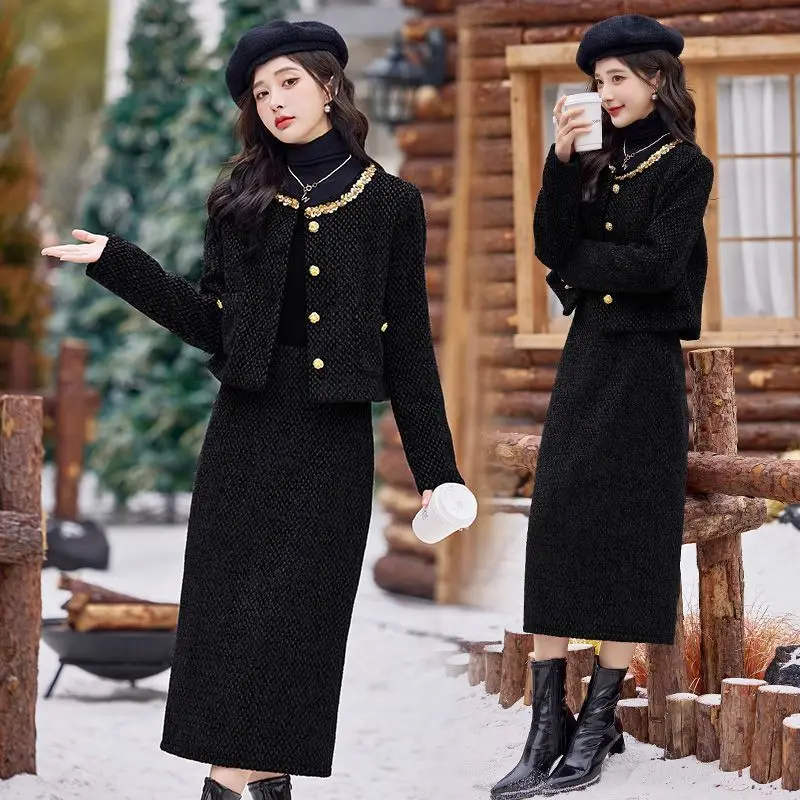 Beautiful and Stylish Age Reducing Two-piece Set for Autumn and Winter New Women's Clothing High-end Outerwear and Skirt Set